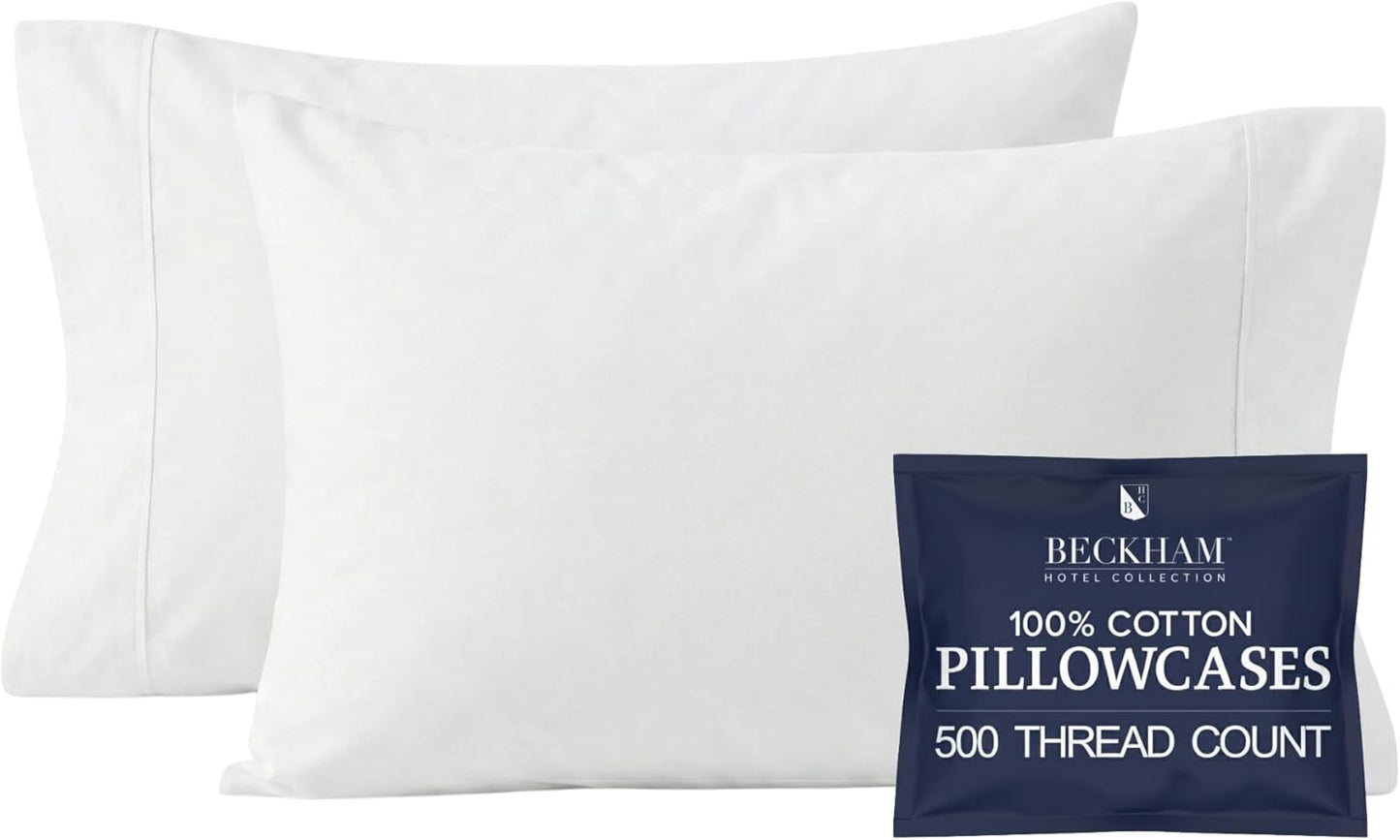 Pillowcases King Size Set of 2, Cool Touch Cotton Sateen Fabric, 500TC, Silky Smooth & Soft, Open End, White