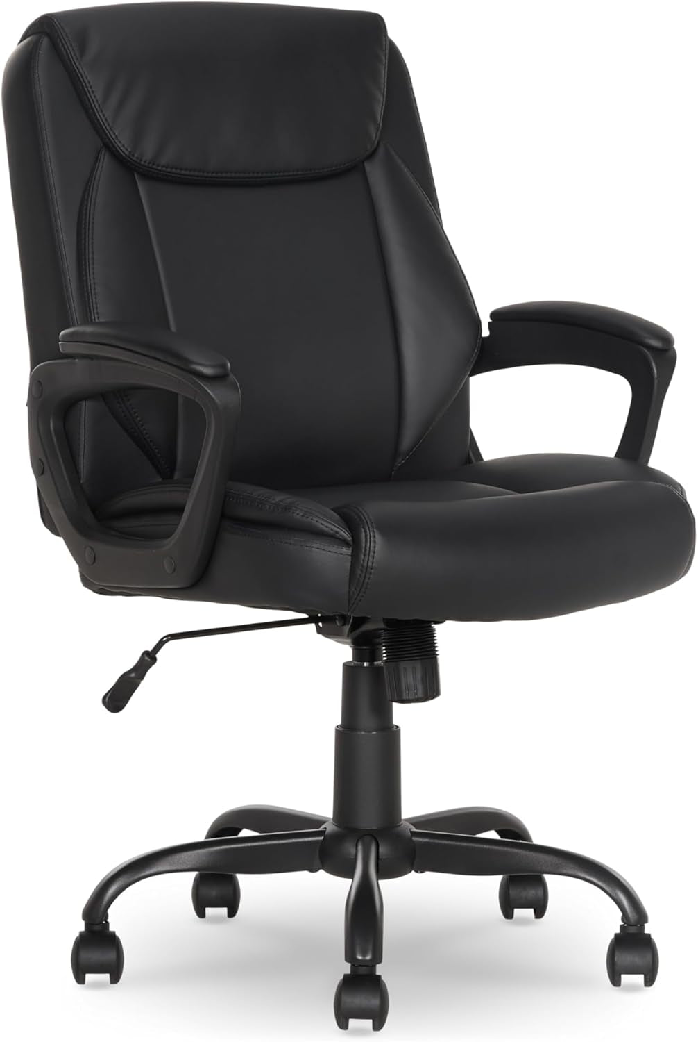 Classic Puresoft PU Padded Mid-Back Office Desk Chair with Armrest, Easy Assembly, Sturdy Metal Base, Wheels, 275Lb Support, 26"D X 23.75"W X 42"H, Black