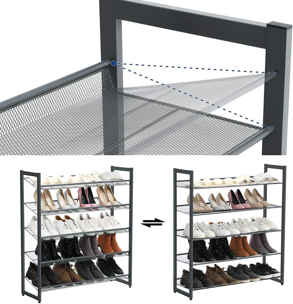 Shoe Rack, 5-Tier Shoe Organizer, Metal Shoe Storage for Garage, Stackable Shoe Shelf, with Adjustable Flat or Angled Shelves, 20-25 Pairs, Charcoal Gray ULMR05GB
