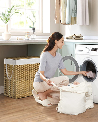 Laundry Hamper with Lid, 110L Clothes Hamper with 2 Removable Liner Bags, 6 Mesh Bags, Wicker Laundry Basket, Double Laundry Hamper for Bathroom, 13 X 22.4 X 23.6 Inches, Natural ULCB52NL