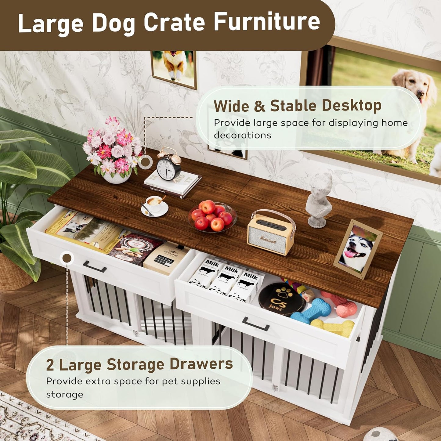 63" L X 24" W X 33" H Double Wooden Dog Cage Table with 2 Large Drawers & Safety Locks, Large Dog Crate Furniture for 2 Dogs with Removable Divider, Decorative Indoor Dog Kennel Furniture