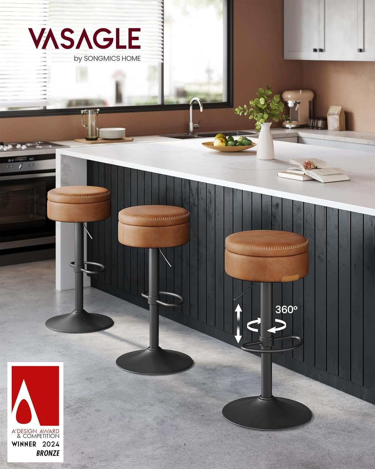 EKHO Collection - 360° Swivel Bar Stool, Height Adjustable Barstool with Storage, Synthetic Leather with Stitching, Mid-Century Modern, Kitchen Bar, Easy Assembly, Ink Black