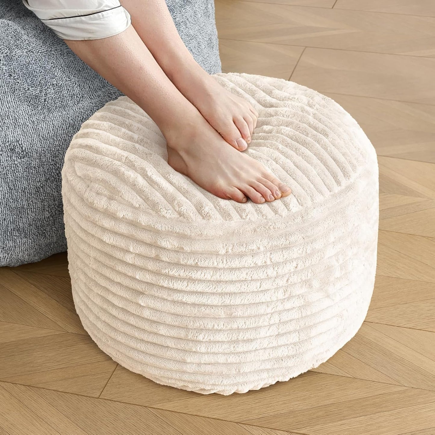 Stuffed round Pouf Ottoman,Corduroy Foot Rest with Shredded Foam Filling, Lightweight and Fluffy Pouf Storage Ottoman for Living Room,Floor Poufs for Couch,20"X 17",Beige
