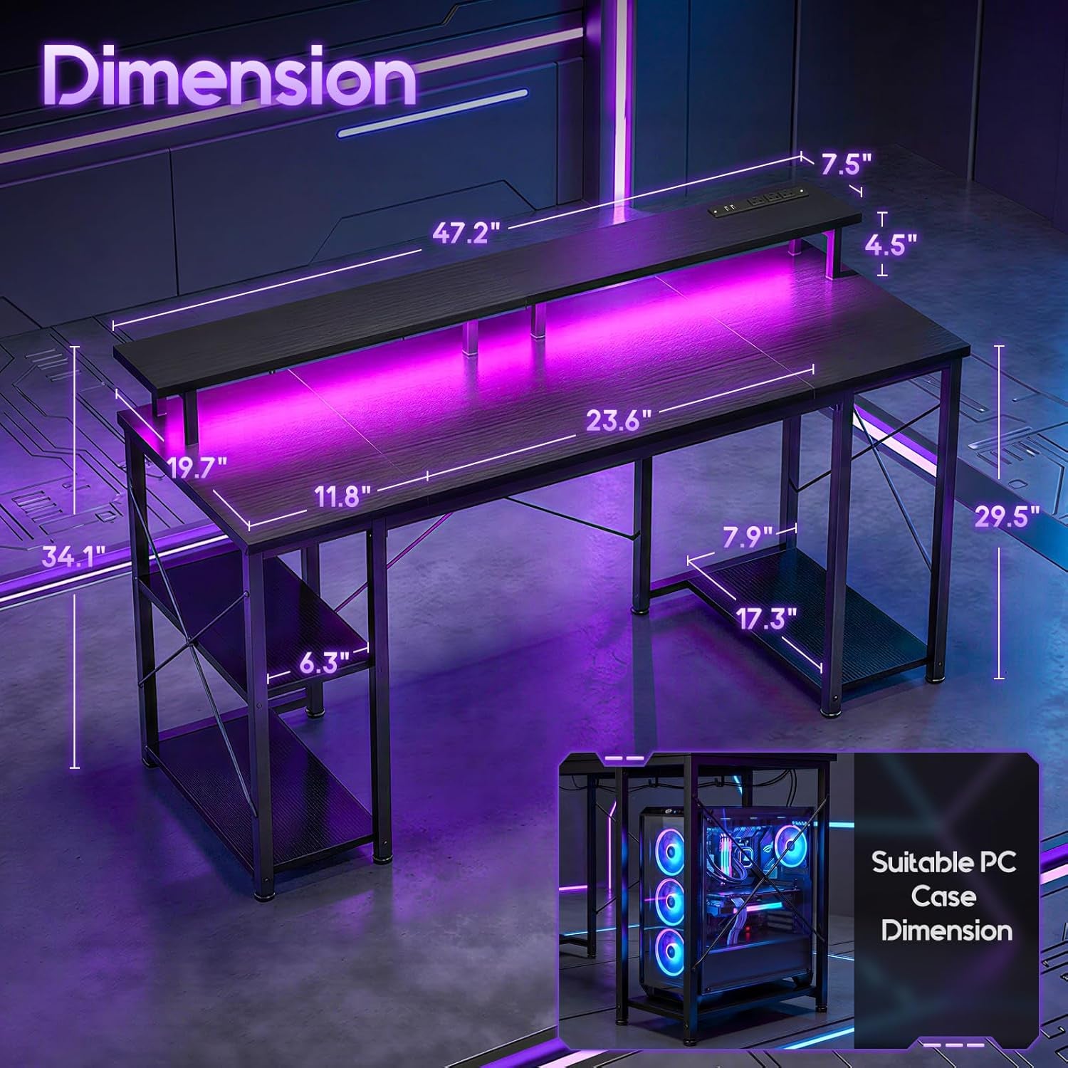 48 Inch Gaming Desk with LED Lights & Power Outlets, Computer Desk with Monitor Stand & Storage Shelves, CPU Stand, Home Office Desk, Black