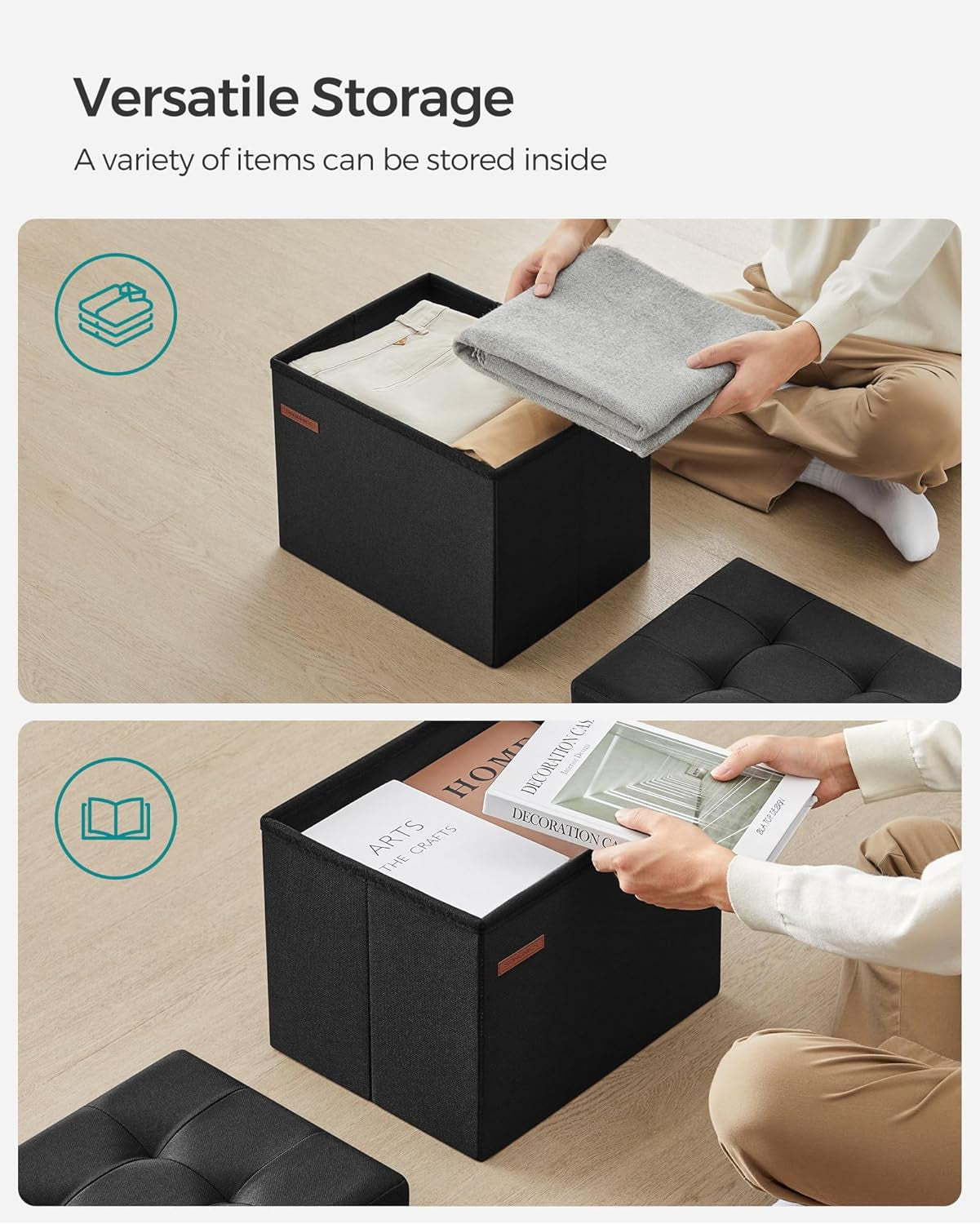 MAZIE Collection - Small Folding Storage Ottoman, Foot Rest Stool, 12.2 X 16.1 X 12.2 Inches, 286 Lb Load Capacity, for Living Room, Bedroom, Home Office, Dorm, Ink Black ULSF102B01