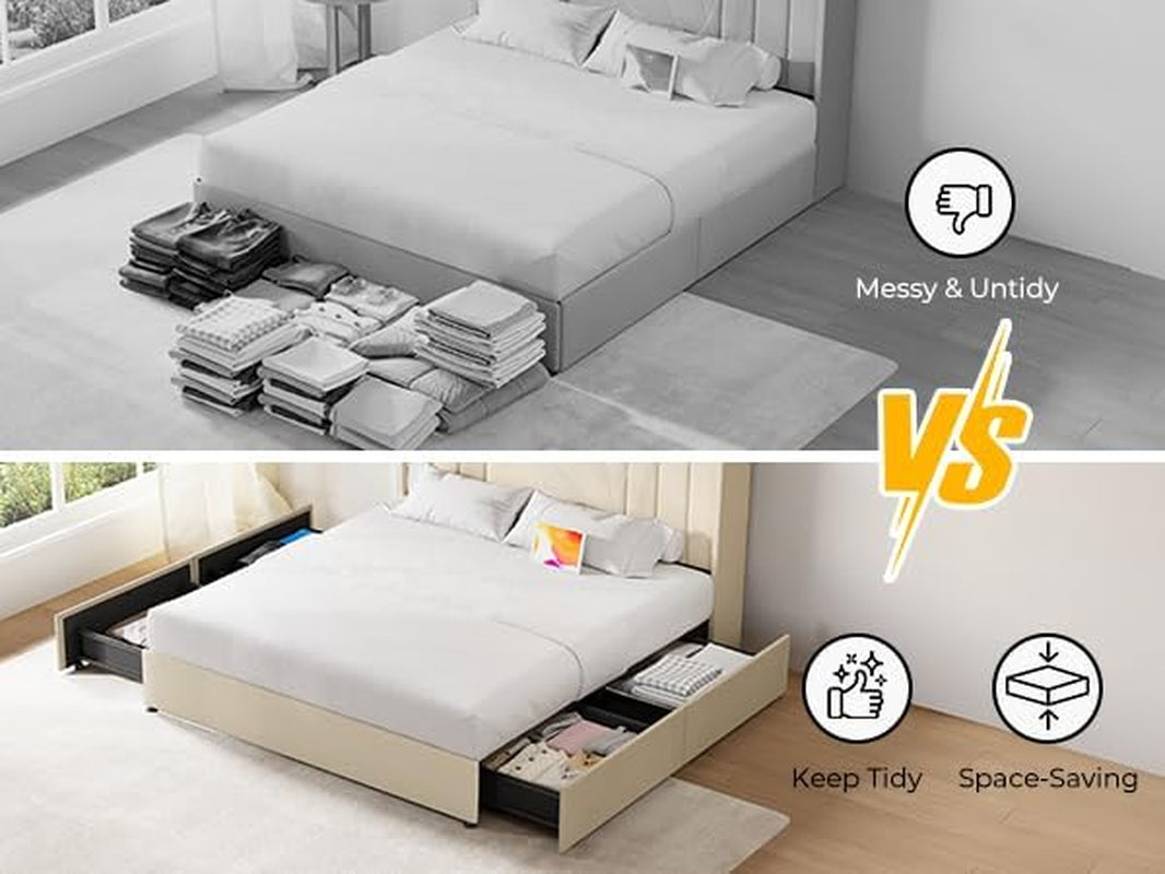 Queen Bed Frame with Storage, Tall Headboard Upholstered Platform Bed with 4 Dustproof Drawers, 2-Tier Storage Headboard Wingback, LED Light & Charging Station, 47''-51'' Height Adjust, Beige