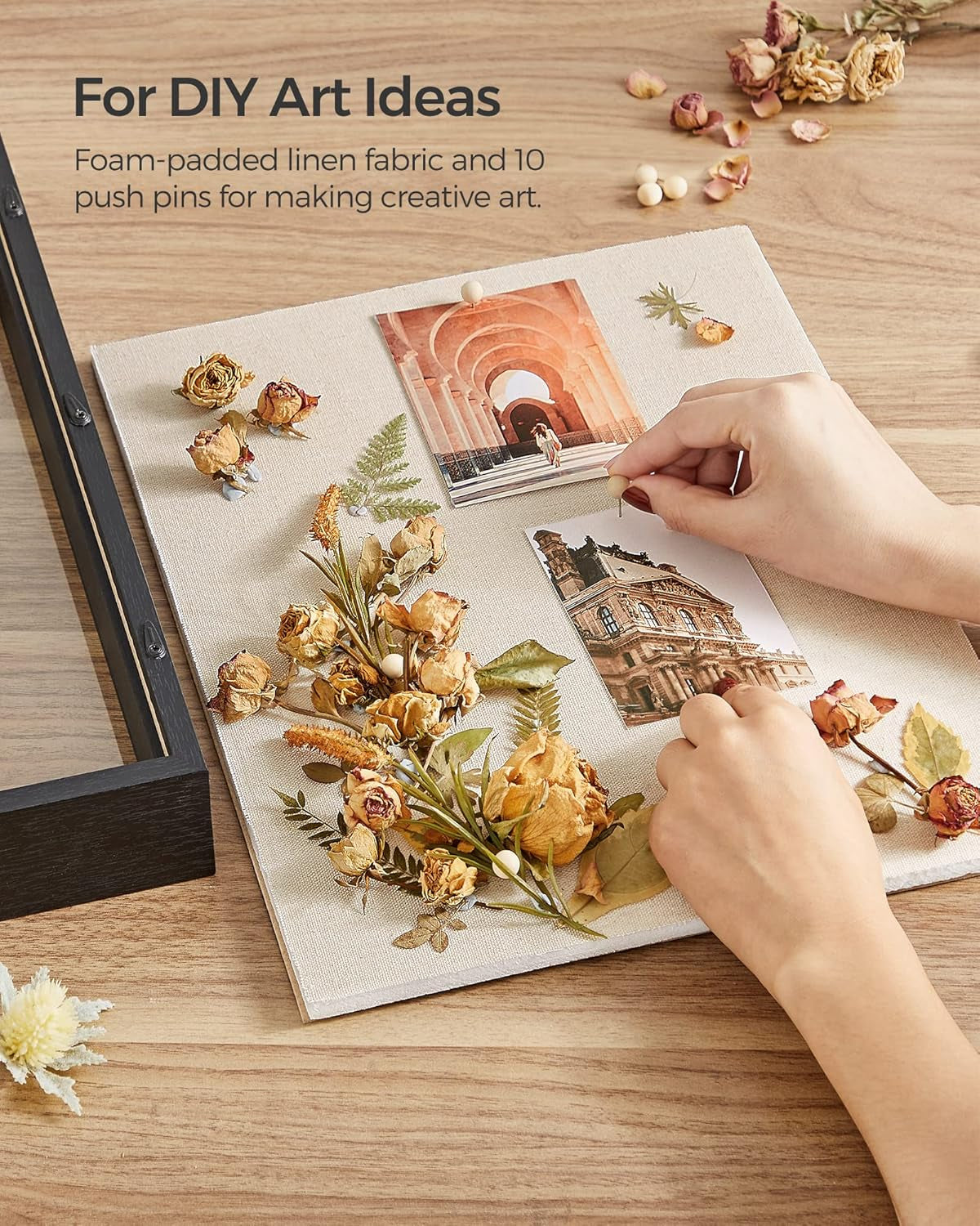 11X14 Shadow Box Frame, Deep Box Frame with Top Slot and Push Pins, Wood Picture Display Case for Savings, Linen Fabric Backing for DIY Craft, Glass Front, Black, Gift URPF009B01