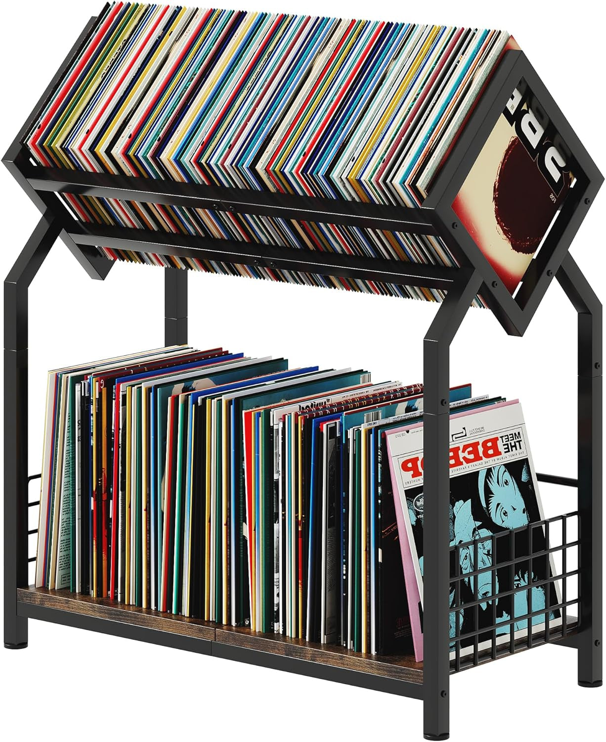 2-Tier Vinyl Record Storage Holder with Dividers, 24.4''W Vinyl Record Display, 300 Lps Vinyl Record Storage Rack, Suitable for Magazines, Books, Documents, Albums