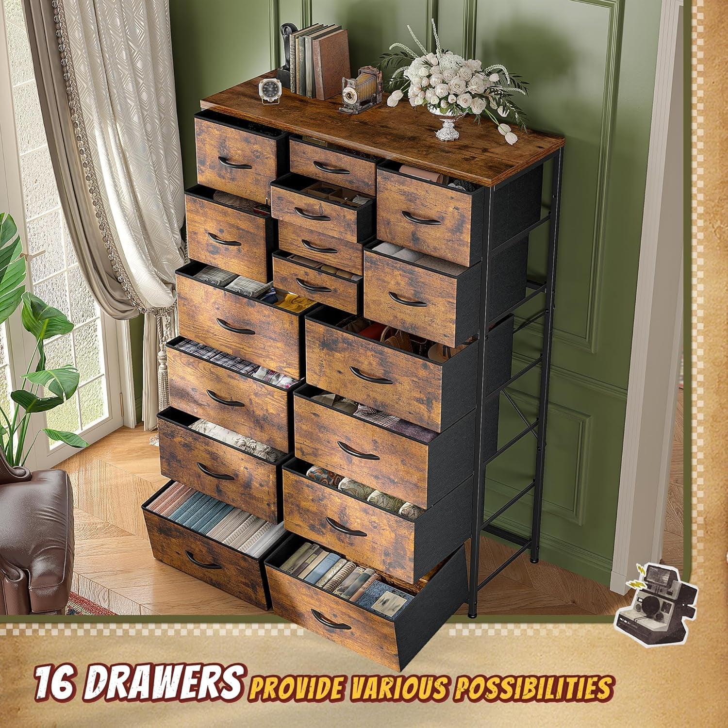 57“H Dresser for Bedroom with 16 Drawers,Fabric Dressers & Chests of Drawers for Bedroom,Large Dresser, Sturdy Metal Frame & Wood Top,Entryway, Hallway(Rustic Brown)