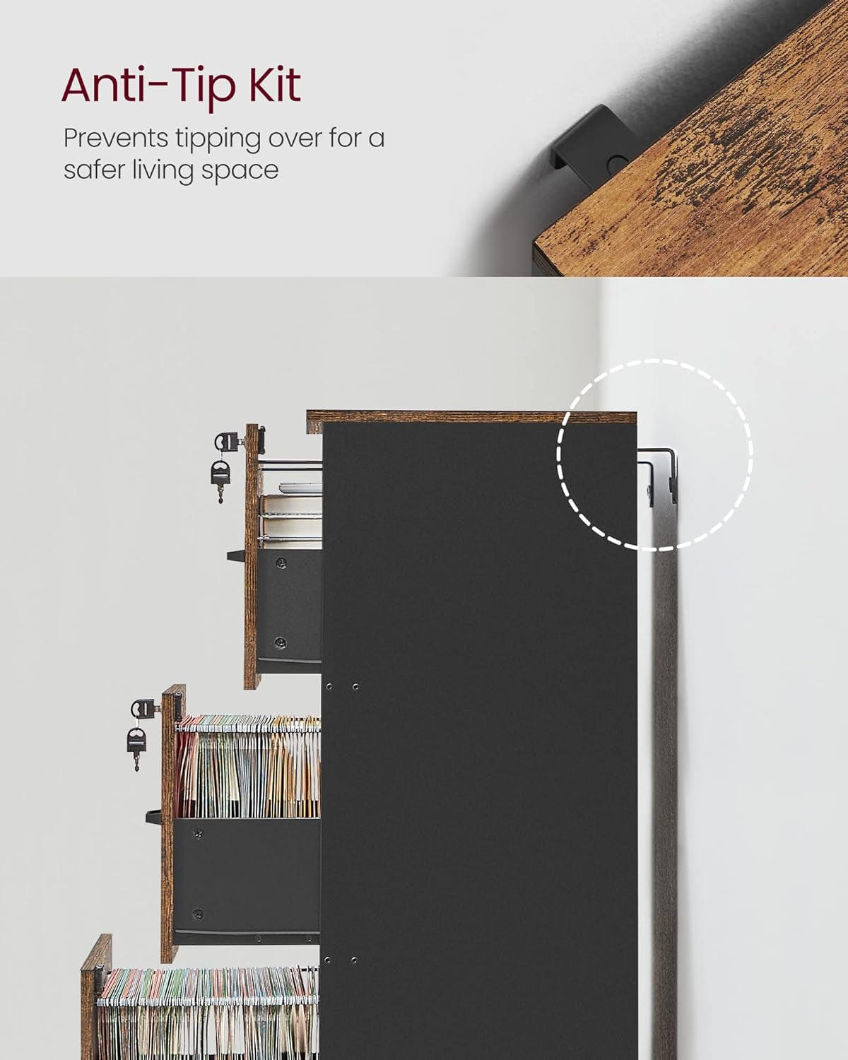 2 Drawers File Cabinet for Home Office, Printer Stand with Wheels, for A4, Letter Sized Documents, Hanging File Folders, Rustic Brown and Ink Black UOFC042B01V1