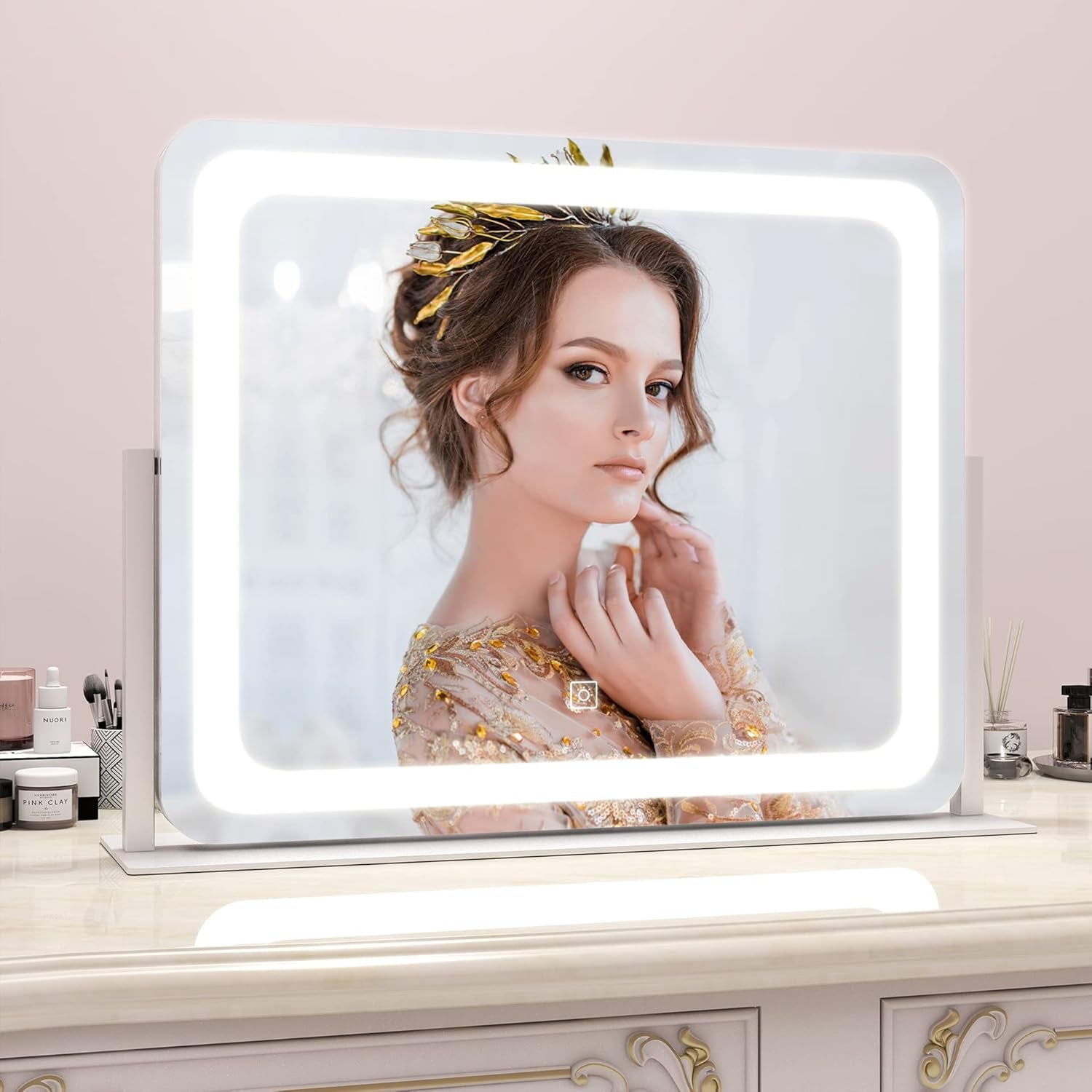22X17 Inch Lighted Vanity Mirror with Dimmable LED Lights - 3 Color Modes, Smart Touch Control & 360° Rotating Base - Desk Makeup Mirror (White)