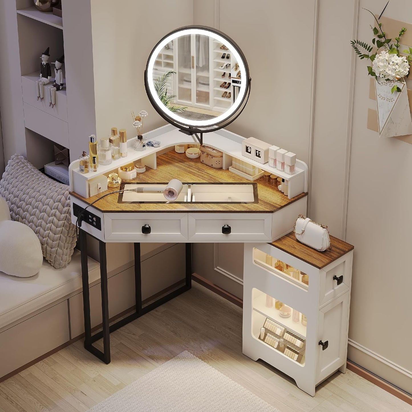Corner Vanity Desk with Mirror and Lights, Modern Makeup Vanity with Charging Station & Human Sensor Light, Glass Top Dressing Table with 4 Drawers & Shelves for Bedroom (White)