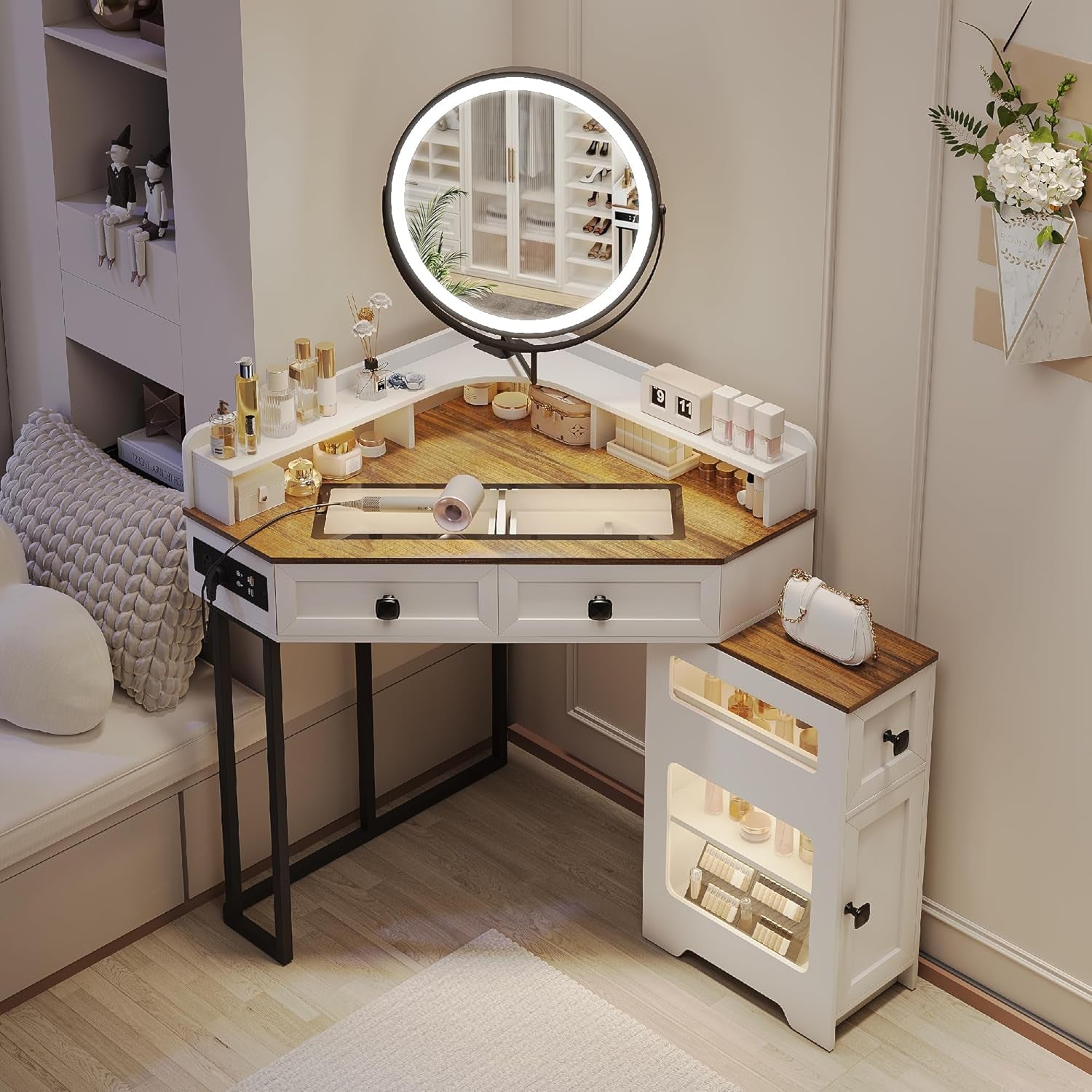 Corner Vanity Desk with Mirror and Lights, Modern Makeup Vanity with Charging Station & Human Sensor Light, Glass Top Dressing Table with 4 Drawers & Shelves for Bedroom (White)
