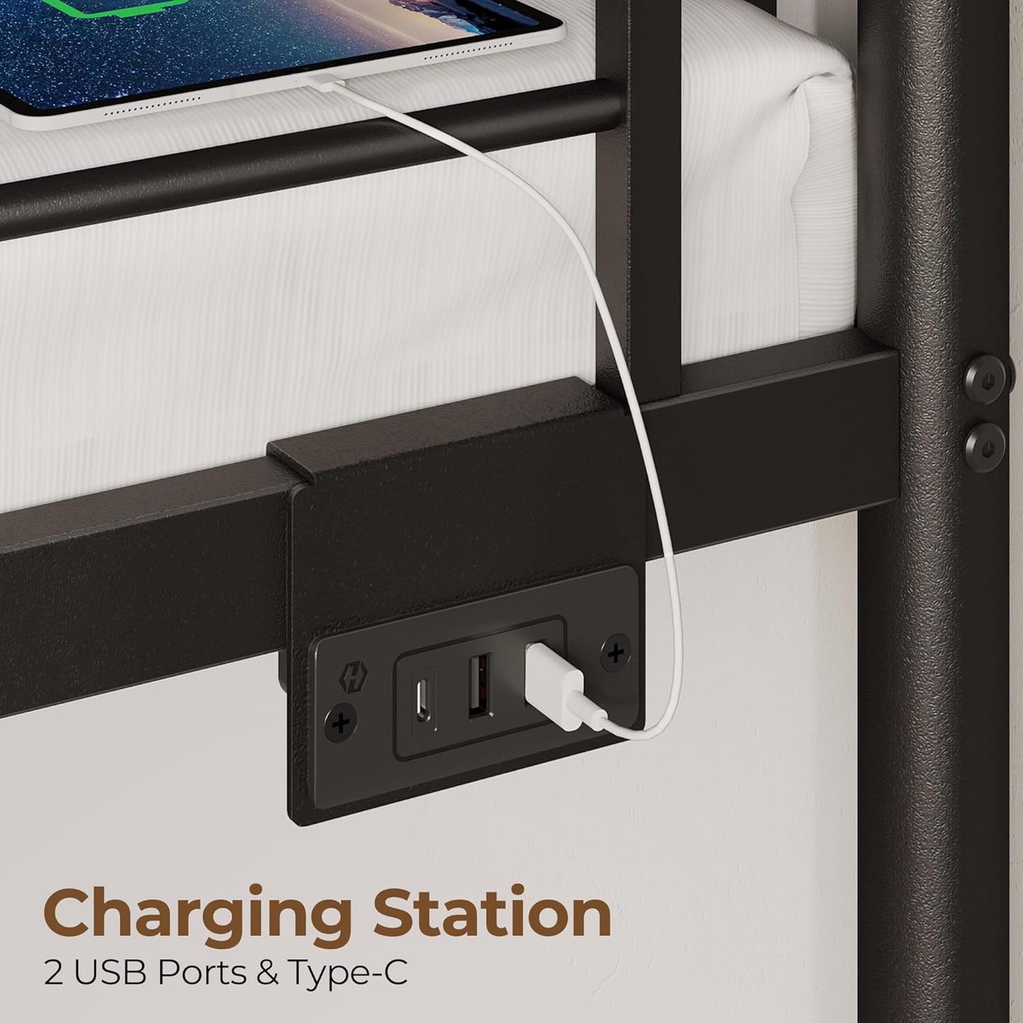 Metal Bunk Bed Full over Full with USB Charging Station, LED Bunk Bed with 2 Storage Drawers, Bed with Safety Guardrail & Ladders, No Box Spring Needed, Easy Assembly, Black