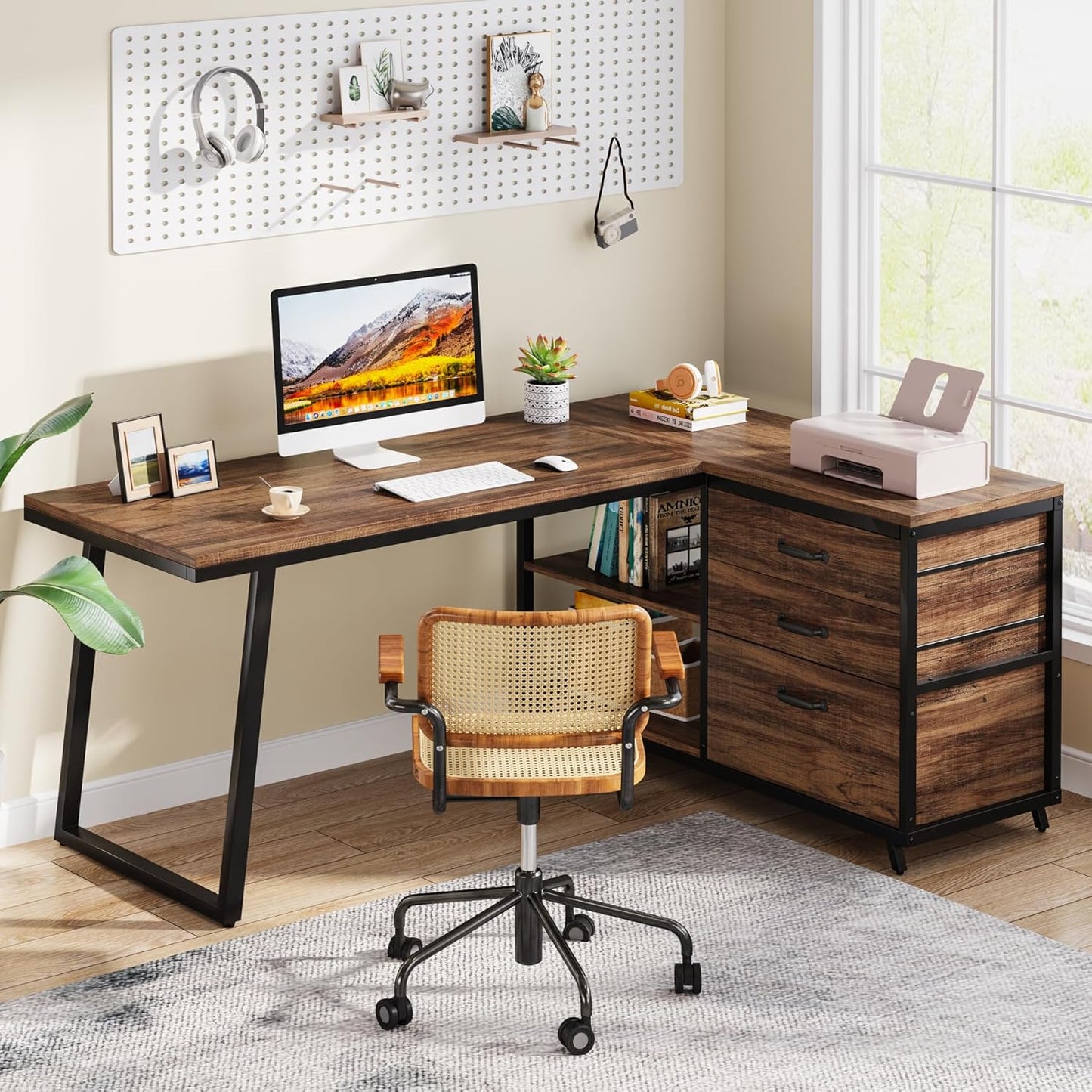 L-Shaped Computer Desk with 3 Drawers, Reversible Corner Home Office Desk with Shelves, 53-Inch Industrial PC Desk Study Writing Table Workstation for Small Space, Rustic Brown