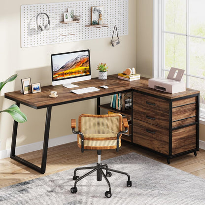 L-Shaped Computer Desk with 3 Drawers, Reversible Corner Home Office Desk with Shelves, 53-Inch Industrial PC Desk Study Writing Table Workstation for Small Space, Rustic Brown