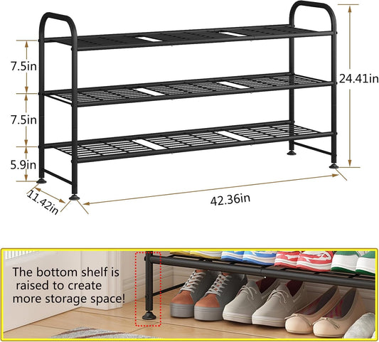 Shoe Rack 3 Tier Long Metal Shoe Organizer for Closet Entryway Black
