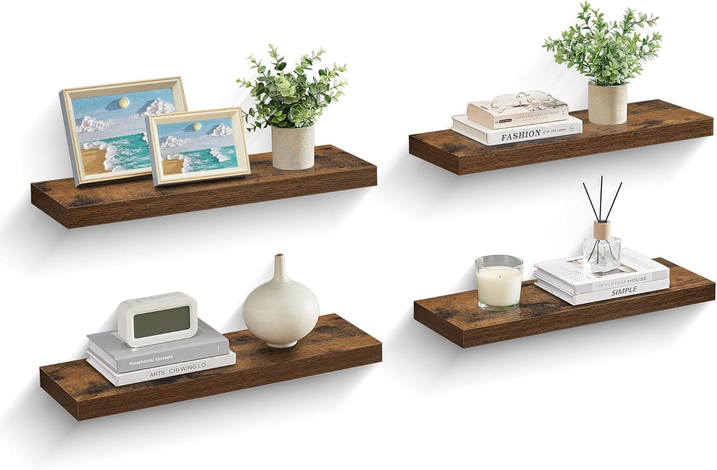 Wall Shelves Set of 4, Floating Shelves, 8 X 23.6 X 1.5 Inches, Display Shelves for Picture Frames, Decor, Hanging Shelf for Living Room, Kitchen, Rustic Brown ULWS075B01