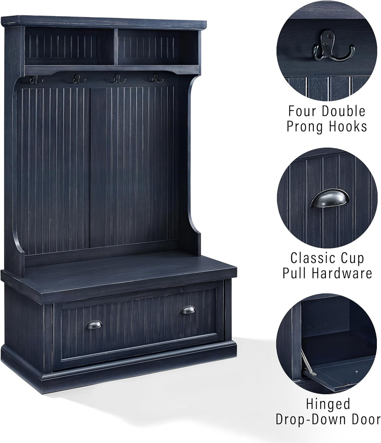 Seaside Hall Tree with Shoe Rack Bench and Coat Hooks for Hanging Storage, Distressed Navy