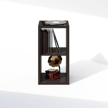 Cubicle Record Player Stand with Vinyl Storage, 2-Cube 1.2 Extra Thick Vinyl Record Storage, Open Back Media Shelf for CD DVD Blueray Game Disc, for Living Room, Home Office, Black Dark Oak