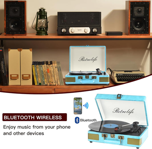 Record Player 3 Speed Bluetooth Portable Suitcase Vinyl Player with Built-In Speakers Turntable Enhanced Audio Sound PU Leather Vintage