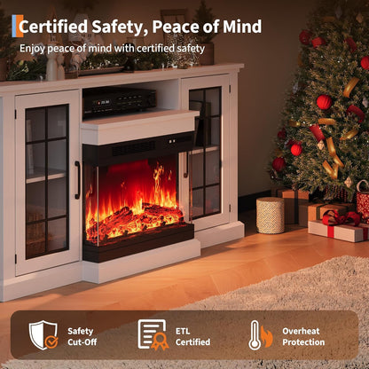 Fireplace TV Stand, 59'' TV Stand with Fireplace, 24'' Electric Fireplace Insert with Realistic 3D Flame Effect and LED Lights, Entertainment Center with Storage, White