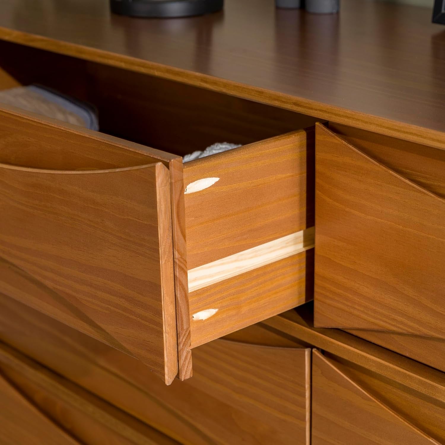 Atticus Mid-Century Modern Detailed-Drawer Solid Wood Dresser, 59 Inch, Caramel