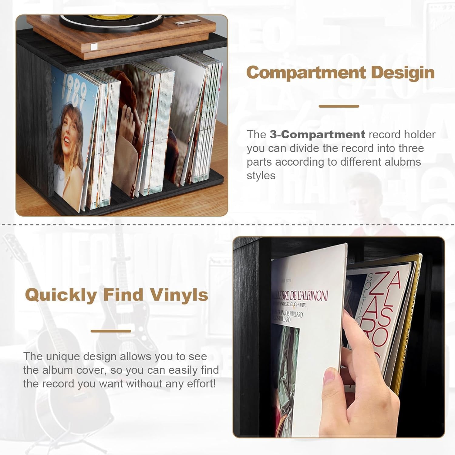 Vinyl Record Storage, Record Player Stand Wall Mount up to 80-100 Albums, 3-Compartment Vinyl Record Holder, Black