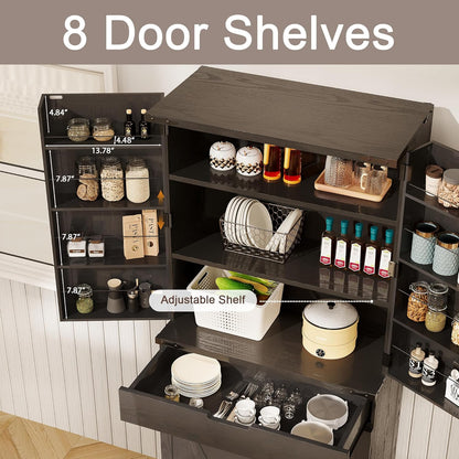 72" Kitchen Pantry Storage Cabinet with Doors and Shelves, Wood Farmhouse Pantry Storage with Barn Doors for Kitchen, Dining Room, Living Room, Dark Brown