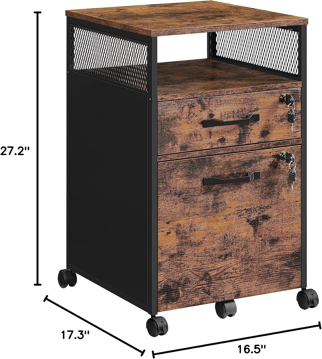 File Cabinet, Mobile Filing Cabinet on Wheels, for Home Office, 2 Lockable Drawers, for A4, Letter-Size Hanging File Folders, Open Shelf, Steel Frame, Rustic Brown and Ink Black UOFC077B01