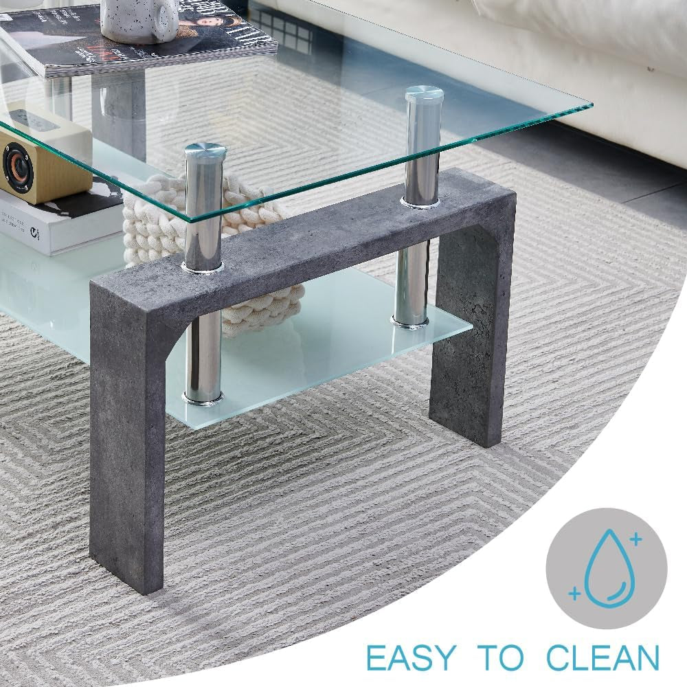 Living Room Rectangle Coffee Table, Tea Table Suitable for Waiting Room, Modern Side Coffee Table with Wooden Leg, Glass Tabletop with Lower Shelf,Grey Marble