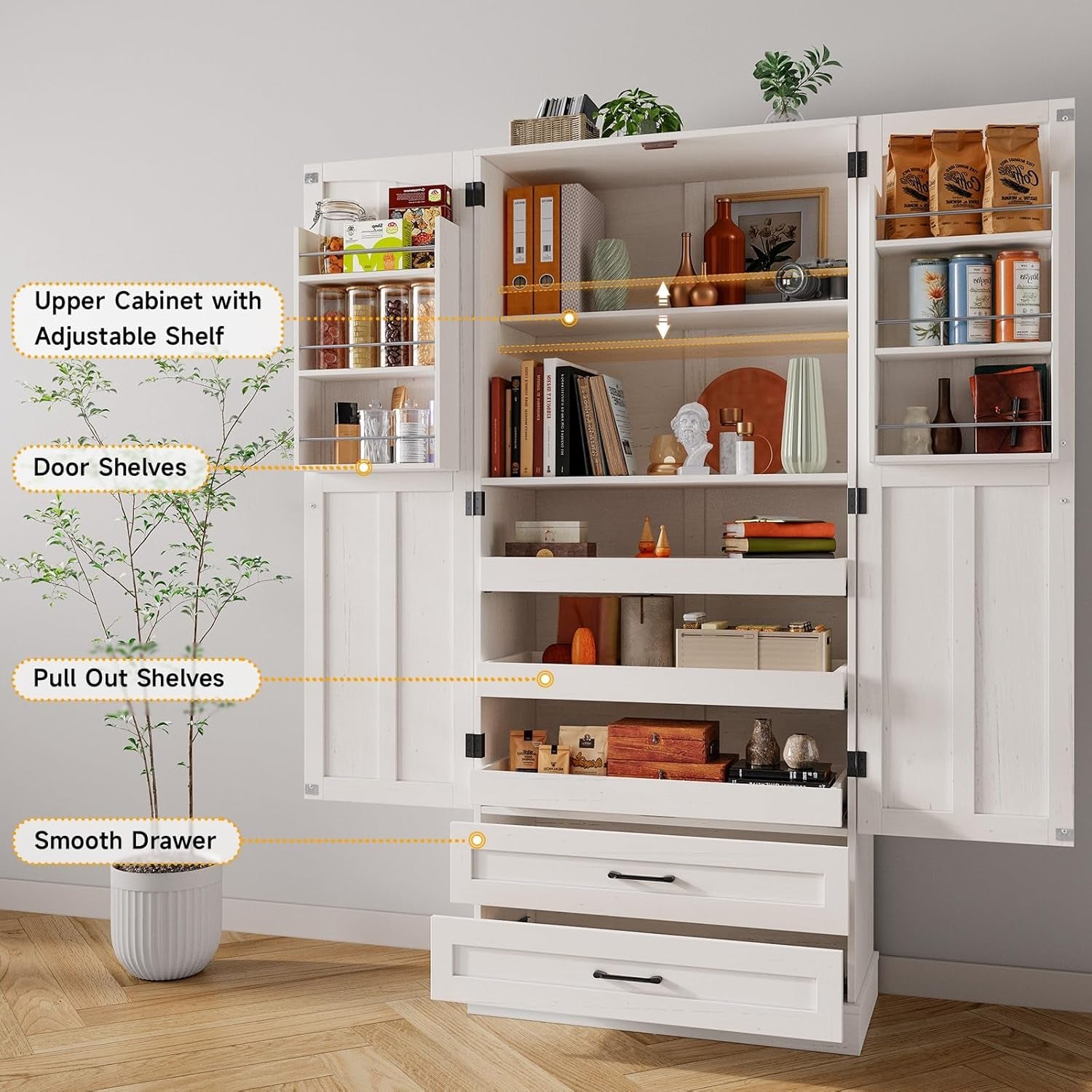 71" Tall Farmhouse Kitchen Pantry Cabinet with 3 Pull Out Shelves & 2 Large Drawers, Pantry Storage Cabinet with 6 Door Shelves & Adjustable Shelf, Freestanding Pantry for Kitchen, Dining Room