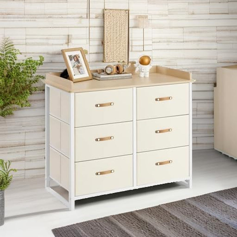 Kids Dresser with 6 Drawers, Boys Girls Dresser, with Water-Resistant Tabletop, Storage Organizer Cabinet, for Bedroom Hallway, Beige UGKR101K01