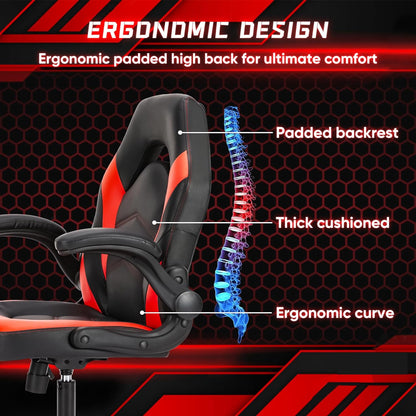 Computer Gaming Desk Chair - Ergonomic Video Game with Comfy Lumbar Support and Headrest, PU Leather with Flip-Up Arms, Adjustable Height and Swivel Wheels, for Adults, Black and Red