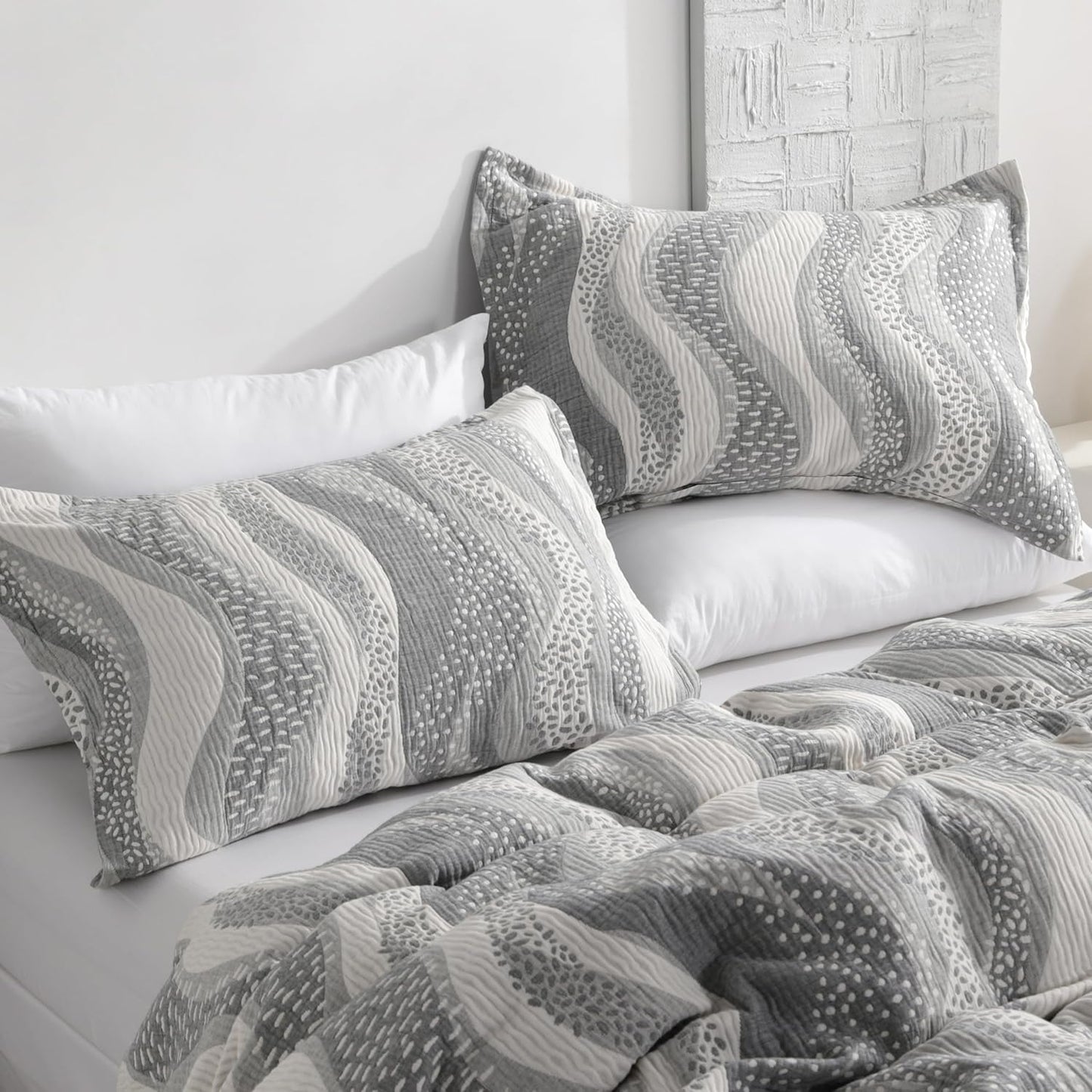 Cotton King Pillow Shams, 3 Layer Muslin Breathable Soft Thermal Yarn Dyed Sham Covers, 2 Pack 20X36 Oxford Pillowcases with Envelope Closure, Grey Wheat Waves