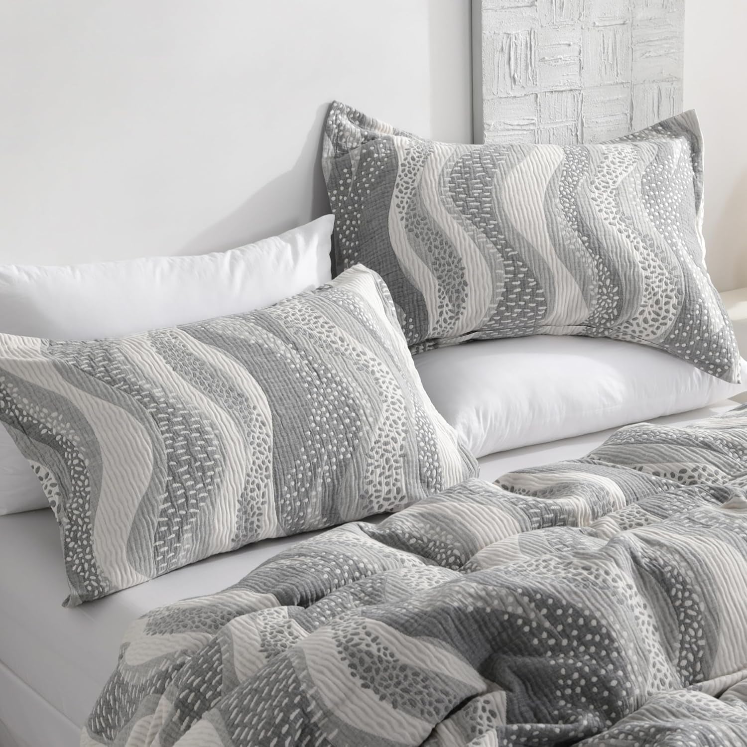 Cotton King Pillow Shams, 3 Layer Muslin Breathable Soft Thermal Yarn Dyed Sham Covers, 2 Pack 20X36 Oxford Pillowcases with Envelope Closure, Grey Wheat Waves