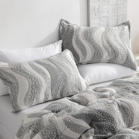 Cotton King Pillow Shams, 3 Layer Muslin Breathable Soft Thermal Yarn Dyed Sham Covers, 2 Pack 20X36 Oxford Pillowcases with Envelope Closure, Grey Wheat Waves