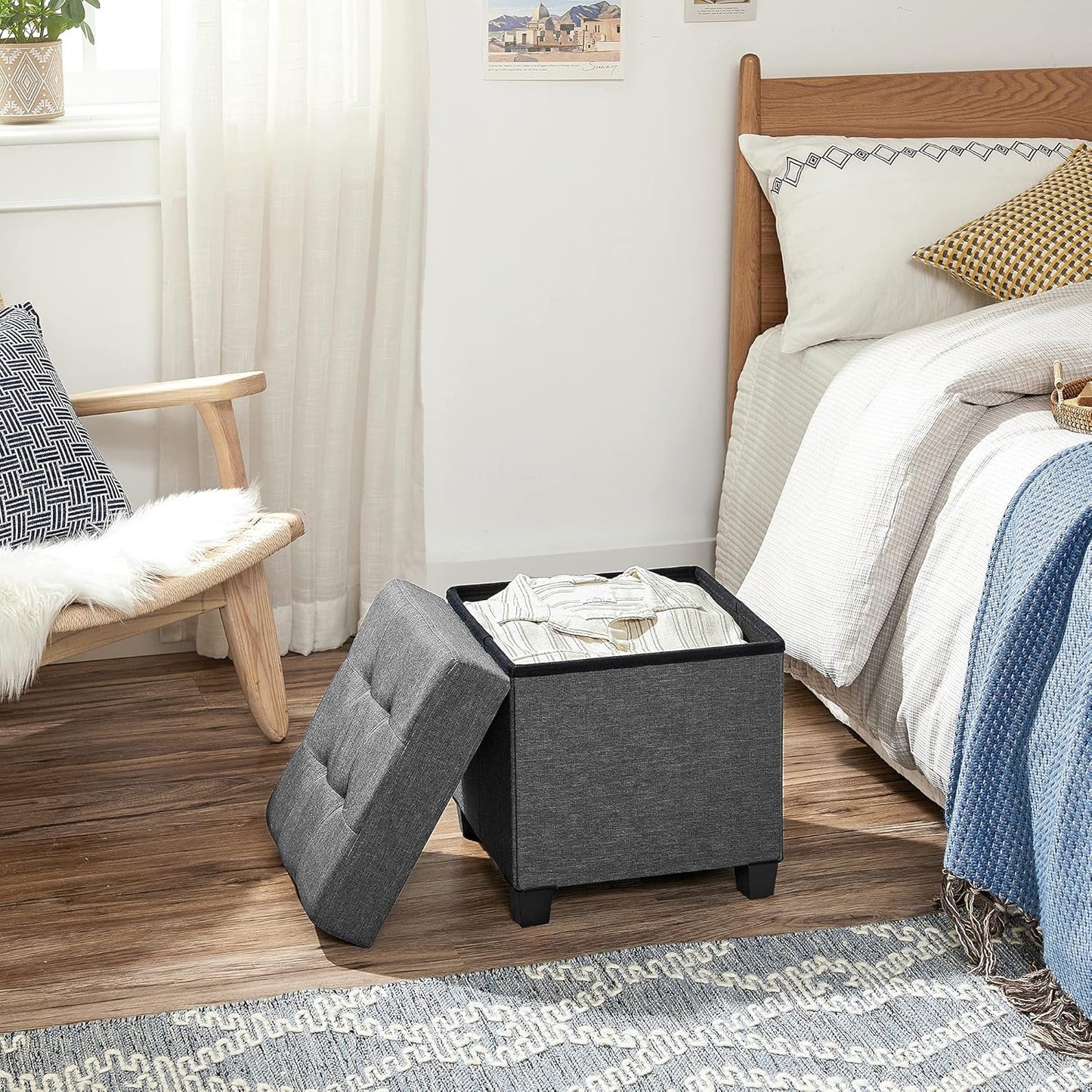 15 Inches Cube Storage Ottoman, Bedroom Bench with Storage, Foot Stool with Feet, Holds up to 660 Lb, Dark Gray ULSF14GYZ