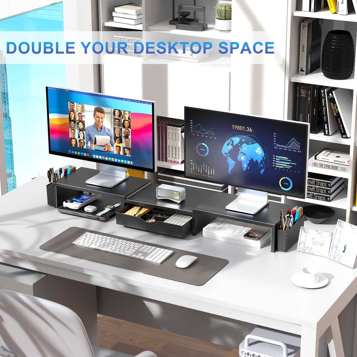 Dual Monitor Stand Riser, Desk Organizer with Drawer and 2 Pen Holders, Computer Monitor Stand, Shelf for Top of Desk, Black