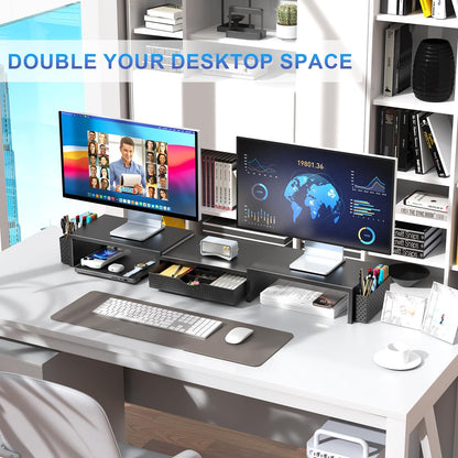 Dual Monitor Stand Riser, Desk Organizer with Drawer and 2 Pen Holders, Computer Monitor Stand, Shelf for Top of Desk, Black