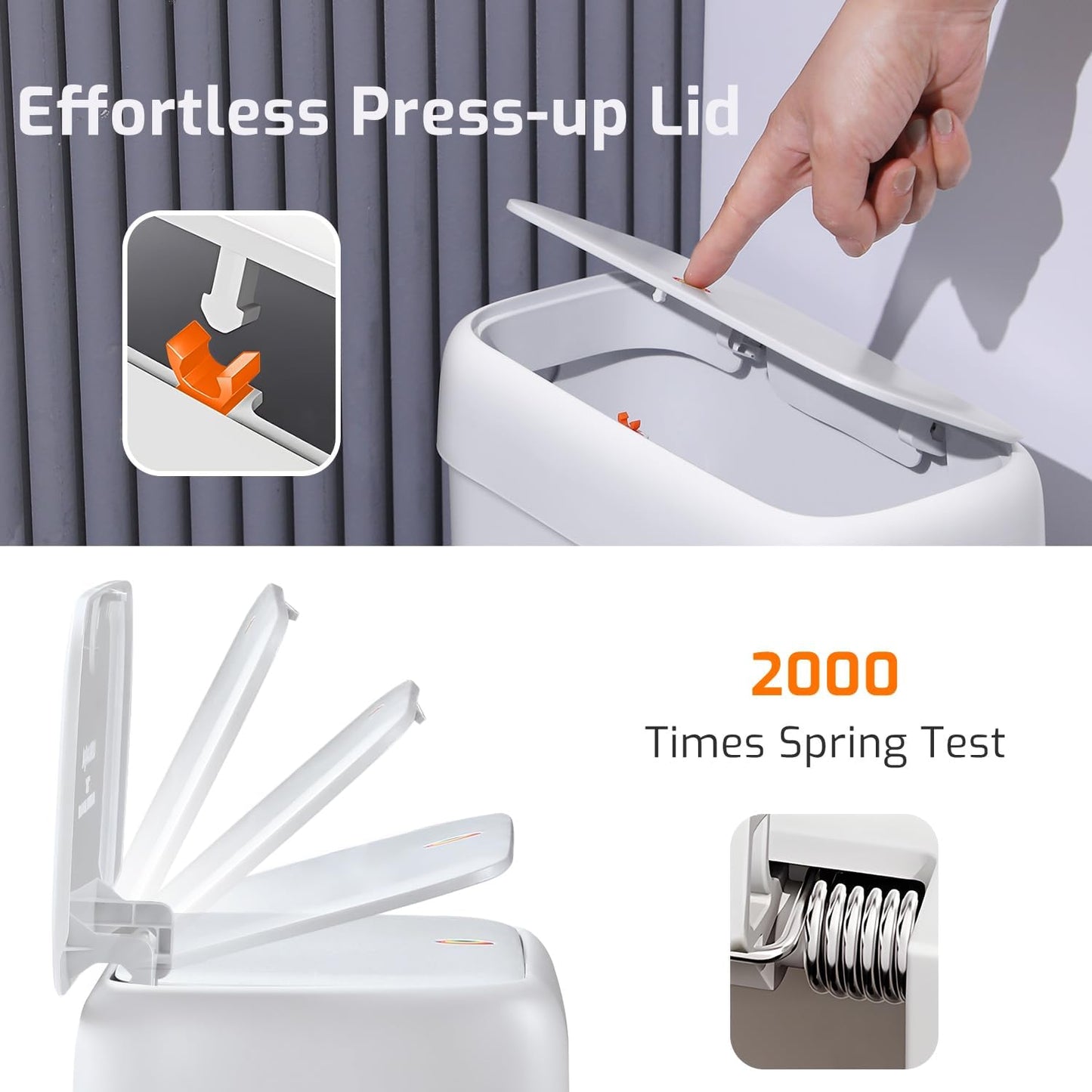 Small Bathroom Trash Can with Lid, 2.6 Gallons / 10 L Slim Plastic Garbage Bin with Pop-Up Lid, Mini Waste Basket Can Dog Proof for Kitchen, Bedroom, Office, Laundry, Toilet, Rv, White