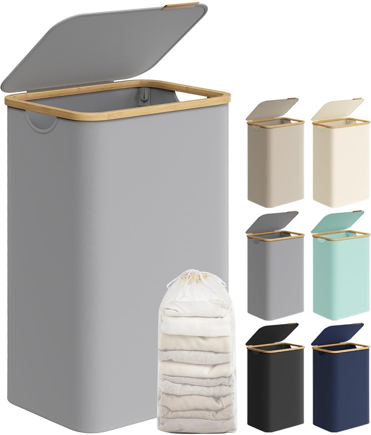 Laundry Hamper with Lid, Large Laundry Basket, 23.8 Gallons (90L), Removable Mesh Liner, Bamboo Handles, Collapsible, 16.5 X 12.6 X 27.8 Inches, Ink Black ULCB509B01