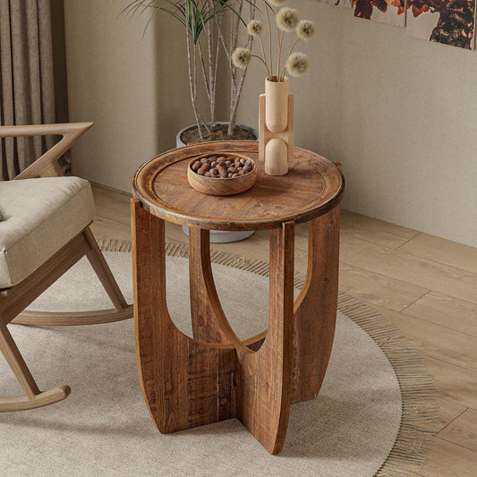 Rustic Farmhouse End Table, French Country Accent Side Table for Family, Dinning or Living Room, Small Spaces, Modern, Round, Brown End Table