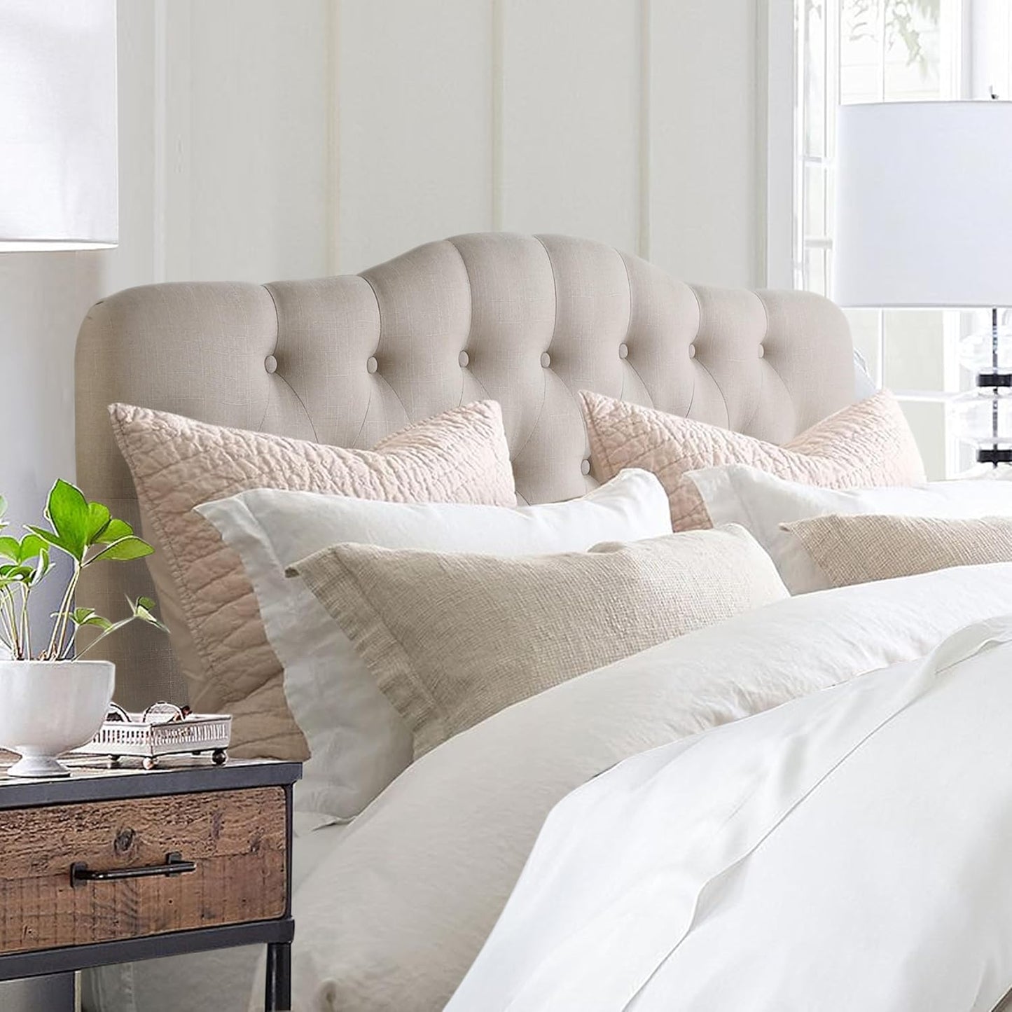 Givanna Adjustable Height Headboard with Linen Upholstery and Button Tufting for Bedroom, Queen, Beige Linen