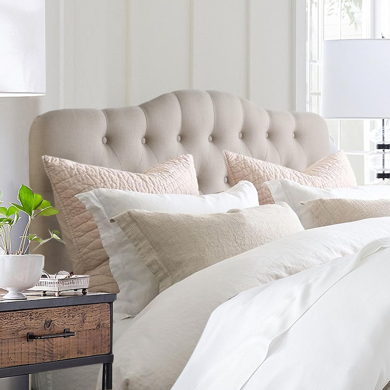 Givanna Adjustable Height Headboard with Linen Upholstery and Button Tufting for Bedroom, Queen, Beige Linen
