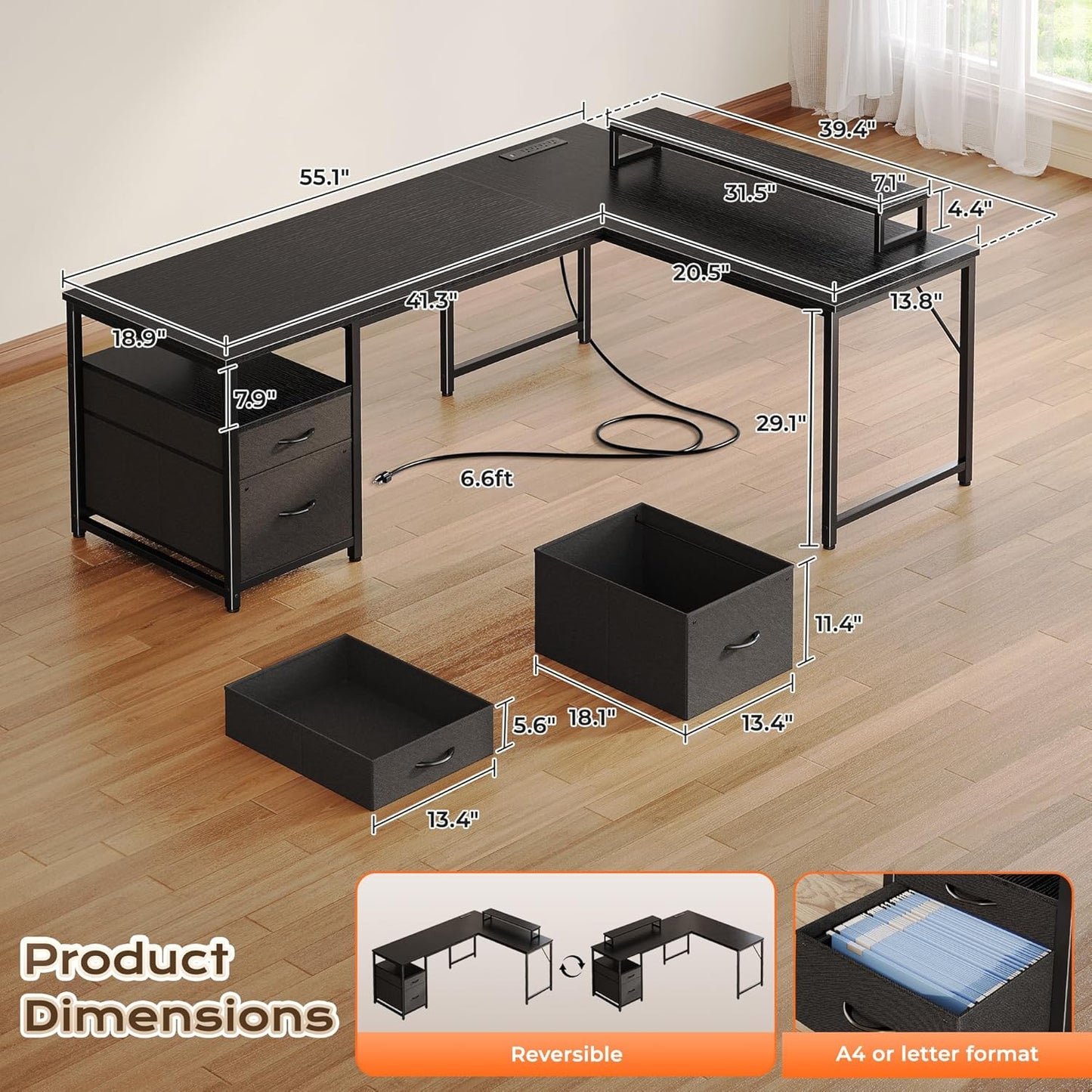 55 Inch L Shaped Desk with Power Outlets and USB-C Port, Computer Corner Home Office Desk with File Fabric Drawers and Movable Monitor Stand, Larger Storage for Gaming, Work, Black