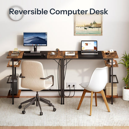 Computer Desk, Home Office Desk with Power Outlet, Writing Desk with 2 Shelves, Modern Small Desk for Home Office, Study, Easy to Assemble, Rustic Brown and Black BF43UDN01