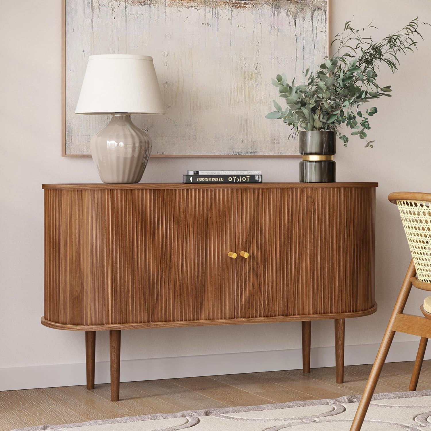 55'' Sideboard Storage Cabinet with Doors and Shelves - Wood Credenza for Living Room, Bedroom, Entryway and Home Office Cabinet. Kitchen Buffet, Modern Media Console Table with Storage (Walnut)