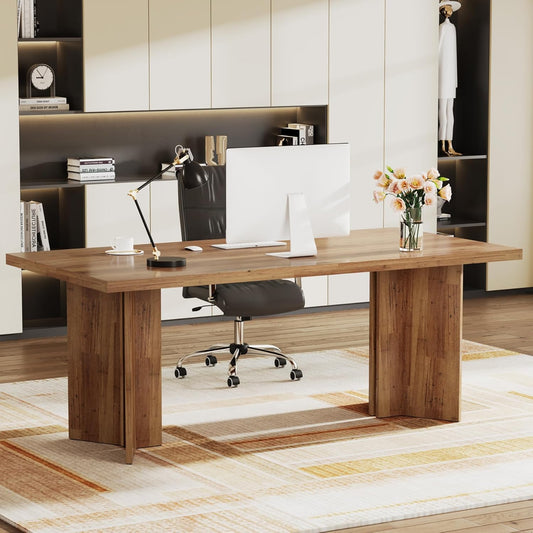 63-Inch Executive Desk, Vintage Home Office Computer Desk with Large Tabletop, Farmhouse Wood Writing Conference Table Workstation for Office, Study, Walnut Brown