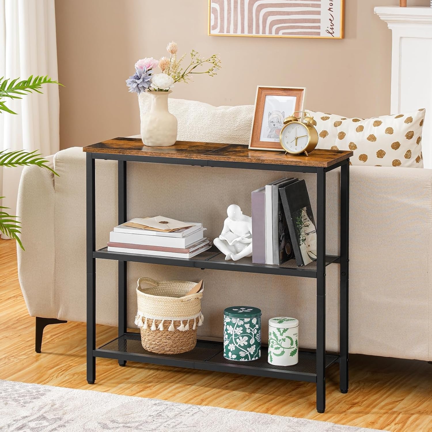 29.5" Narrow Console Table, 3-Tier Entryway Table, Thin Sofa Table with Shelves, Side Table, Display Table, for Hallway, Entrance, Living Room, Bedroom, Rustic Brown and Black BF73XG01